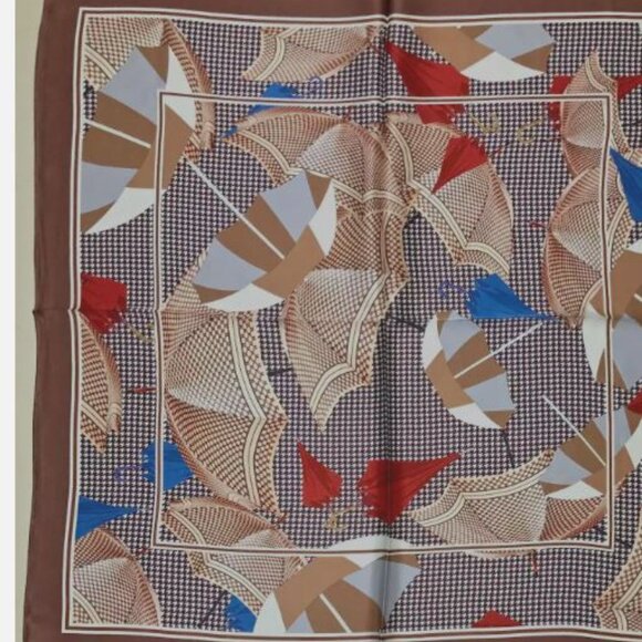 NWOT Silk Scarf 25x26" Colourful Brown & Cream “Umbrellas “ Theme - Picture 2 of 14